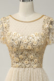 Apricot Tulle A Line Sequins Ball Dress with Appliques