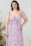 Purple Floral Print Plus Size Bridesmaid Dress