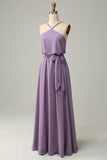 A Line Halter Purple Long Formal Party Dress with Bowknot