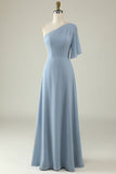 Grey Blue One Shoulder Chiffon Boho Bridesmaid Dress