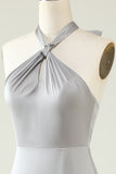 Simple Grey Halter Long Bridesmaid Dress with Slit