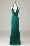 Dark Green Mermaid Halter Long Bridesmaid Dress