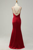 Mermaid Spaghetti Straps Burgundy Long Bridesmaid Dress with Backless