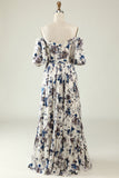 White Blue Flower A Line Floor Length Boho Bridesmaid Dress
