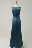Ink Blue A Line Deep V Neck Satin Long Bridesmaid Dress