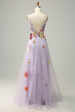 A Line Deep V Neck Lavender Long Ball Dress with Appliques