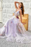 A Line Deep V Neck Lavender Long Ball Dress with Open Back