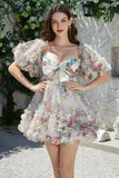 Trendy A Line Ivory Floral Printed Short Tulle Homecoming Dress with Short Sleeves