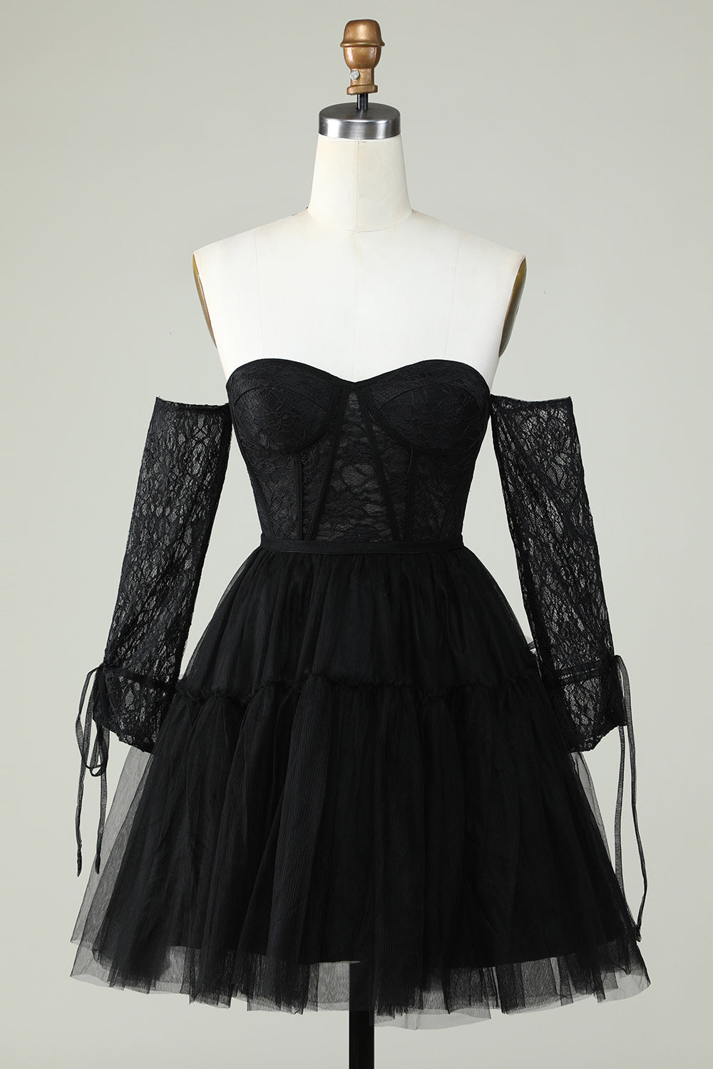 A Line Off the Shoulder Black Corset Cocktail Dress with Long Sleeves