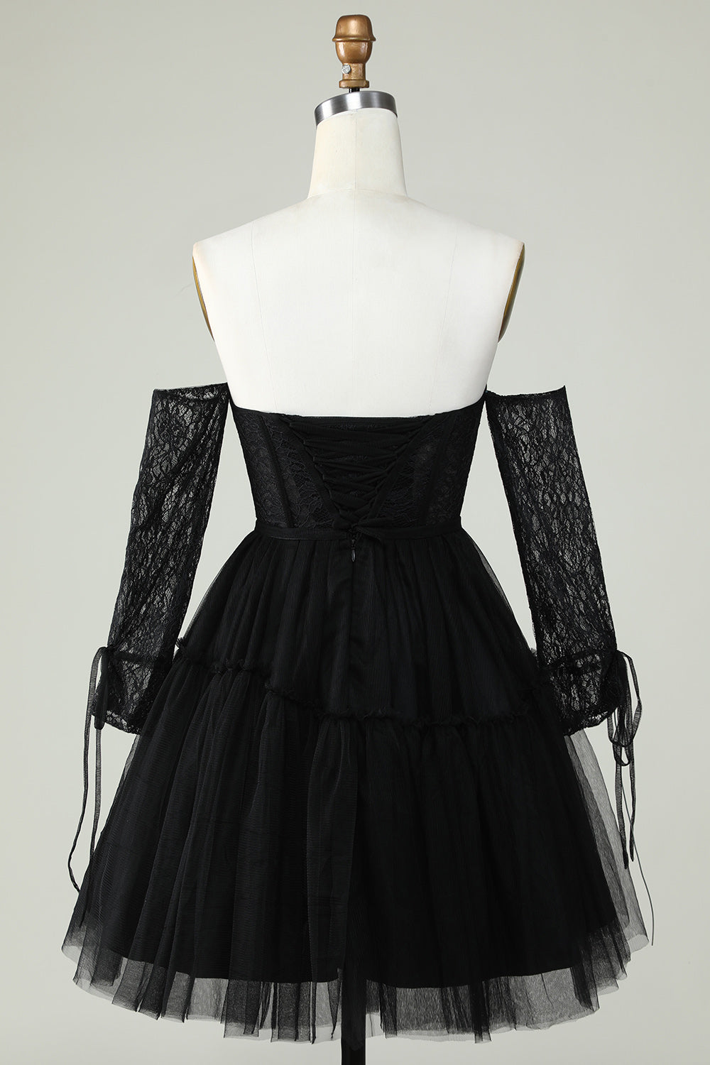 A Line Off the Shoulder Black Corset Cocktail Dress with Long Sleeves