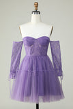 A Line Off the Shoulder Purple Corset Cocktail Dress with Long Sleeves