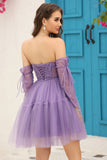 Purple A-Line Corset Detachable Cocktail Dress with Long Sleeves