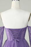 A Line Off the Shoulder Purple Corset Cocktail Dress with Long Sleeves