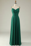 A Line Spaghetti Straps Dark Green Long Bridesmaid Dress