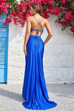 Mermaid Spaghetti Straps Royal Blue Long Ball Dress with Split Front