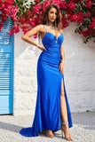 Mermaid Spaghetti Straps Royal Blue Long Ball Dress with Split Front