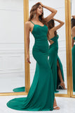Mermaid Spaghetti Straps Dark Green Long Ball Dress with Criss Cross Back