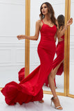 Mermaid Spaghetti Straps Red Long Ball Dress with Criss Cross Back