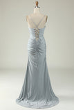 Mermaid Spaghetti Straps Grey Long Ball Dress with Criss Cross Back