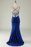 Mermaid Spaghetti Straps Royal Blue Plus Size Ball Dress with Criss Cross Back
