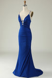 Mermaid Spaghetti Straps Royal Blue Plus Size Ball Dress with Criss Cross Back