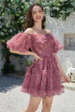 Beautiful A Line Off the Shoulder Dusty Rose Tulle Short Homecoming Dress with Short Sleeves