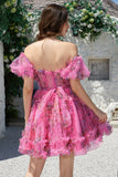 Beautiful A Line Off the Shoulder Fuchsia Tulle Short Homecoming Dress with Short Sleeves