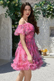 Beautiful A Line Off the Shoulder Fuchsia Tulle Short Homecoming Dress with Short Sleeves