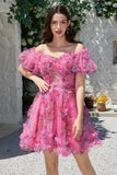 Beautiful A Line Off the Shoulder Fuchsia Tulle Short Homecoming Dress with Short Sleeves