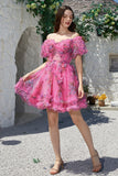 Beautiful A Line Off the Shoulder Dusty Rose Tulle Short Homecoming Dress with Short Sleeves