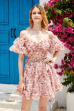 Stylish A Line Off the Shoulder Dusty Rose Tulle Short Homecoming Dress with Short Sleeves