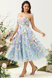 Cute A Line Spaghetti Straps Blue Tea Length Ball Dress with 3D Flowers