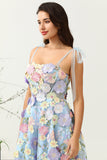 Cute A Line Spaghetti Straps Blue Tea Length Ball Dress with 3D Flowers