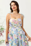 Cute A Line Spaghetti Straps Blue Tea Length Ball Dress with 3D Flowers