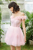 Pink Off the Shoulder Corset Cocktail Dress With Flowers