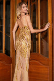 Stunning Mermaid Spaghetti Straps Golden Long Ball Dress with Split Front