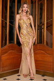 Stunning Mermaid Spaghetti Straps Golden Long Ball Dress with Split Front