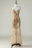 Bling Mermaid Spaghetti Straps Golden Sequins Long Ball Dress with Split Front