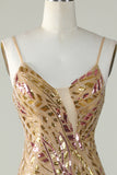 Bling Mermaid Spaghetti Straps Golden Sequins Long Ball Dress with Split Front