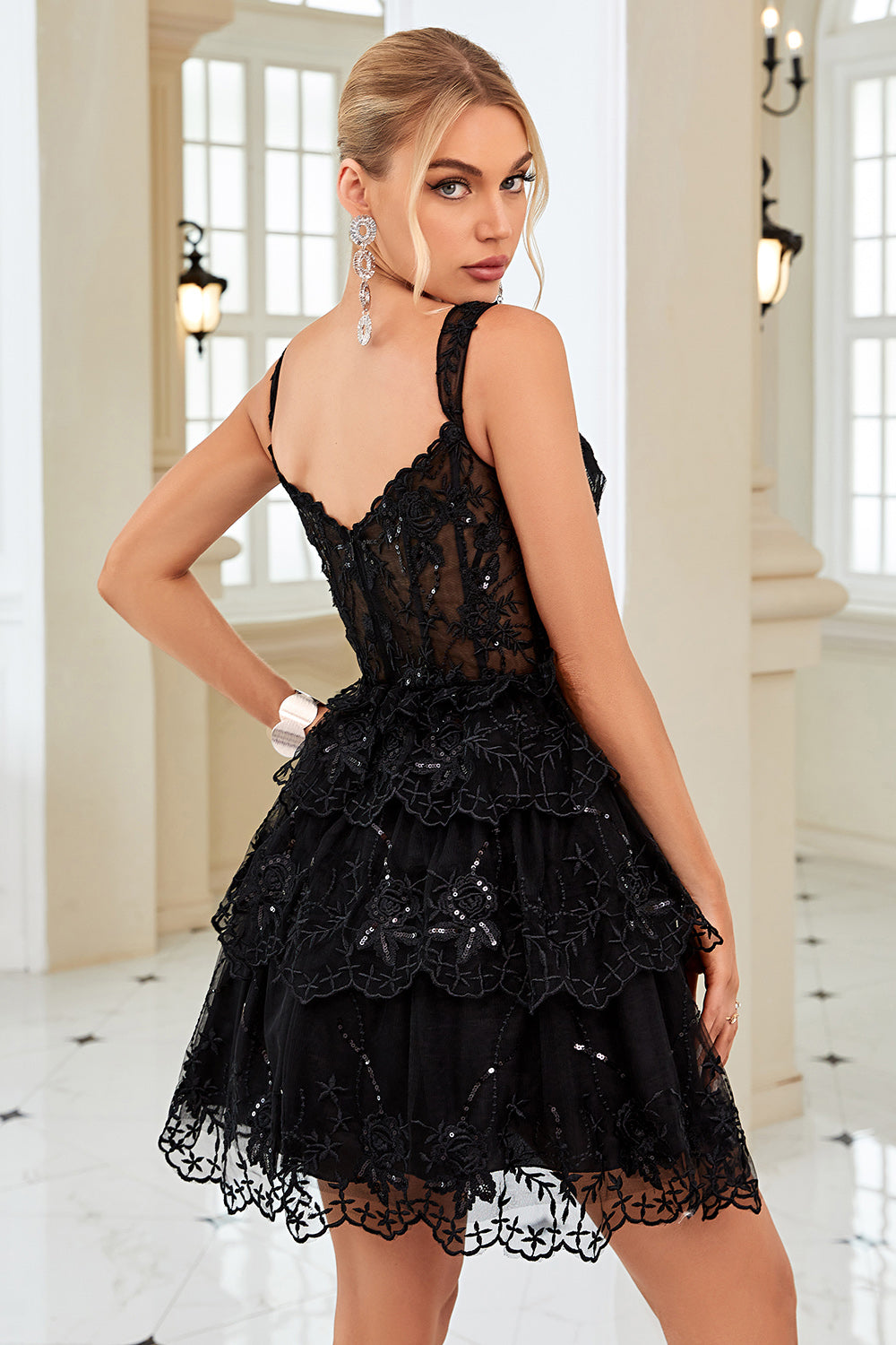 Cute A Line Black Corset Tiered Short Cocktail Dress with Lace