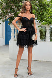 Cute A Line Black Corset Tiered Short Cocktail Dress with Lace