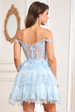 Cute A Line Dark Blue Corset Tiered Short Cocktail Dress with Lace