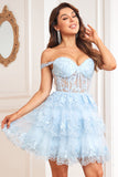 A Line Dark Blue Corset Tiered Short Cocktail Dress with Lace