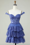 Cute A Line Dark Blue Corset Tiered Short Cocktail Dress with Lace