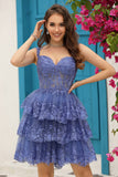 Sparkly Dark Blue A Line Corset Tiered Short Cocktail Dress with Lace