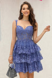 Sparkly Dark Blue A Line Corset Tiered Short Cocktail Dress with Lace
