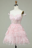 Cute A Line Off the Shoulder Pink Corset Cocktail Dress with Lace