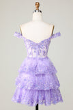 Princess A Line Purple Corset Tiered Short Cocktail Dress with Lace