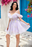 Cute A Line Lavender Off the Shoulder Corset Cocktail Dress with Ruffles