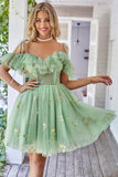 Off the Shoulder Ruffles Tulle Cocktail Dress with Embroidery